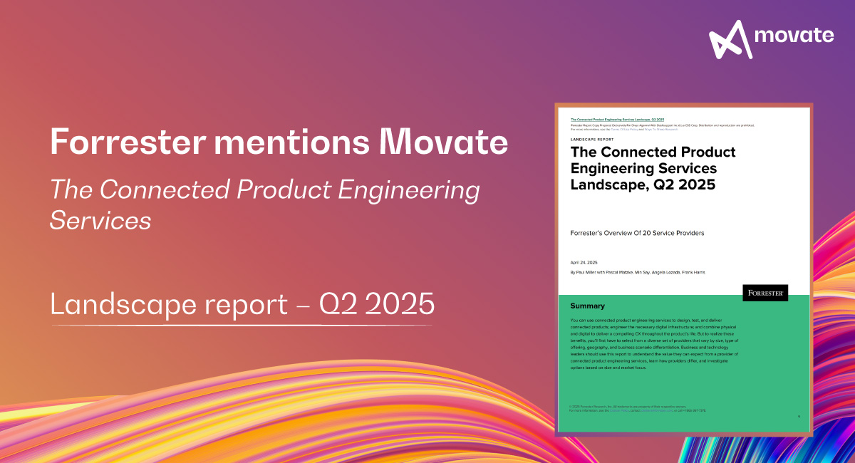 Cover image of Forrester’s Connected Product Engineering Services Landscape report Q2 2025 showcasing leading providers in connected product innovation.